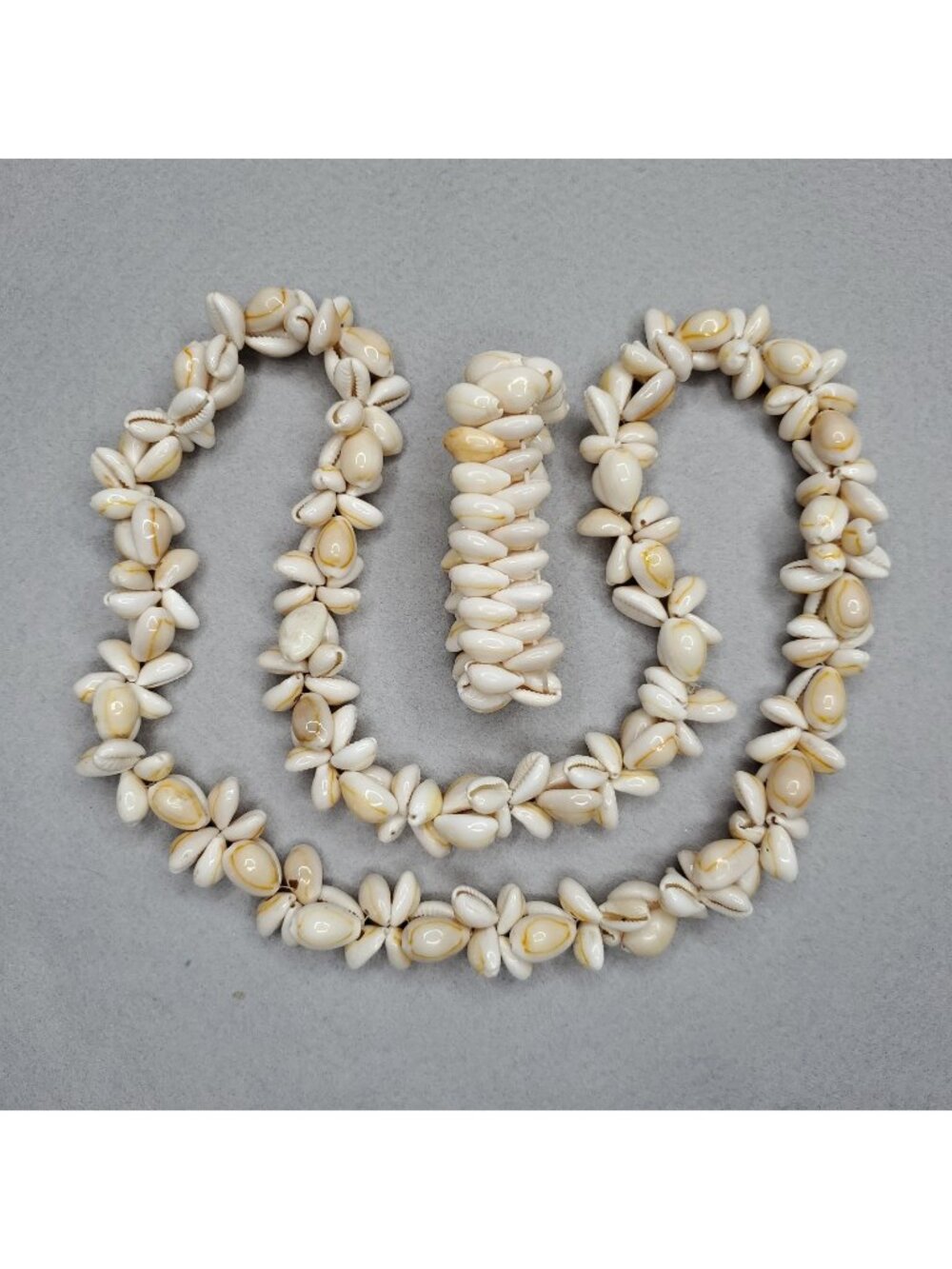 Vintage Cowrie Shell Necklace Bracelet Set Lei Cream Beach Cruise Tiki Boho 28"